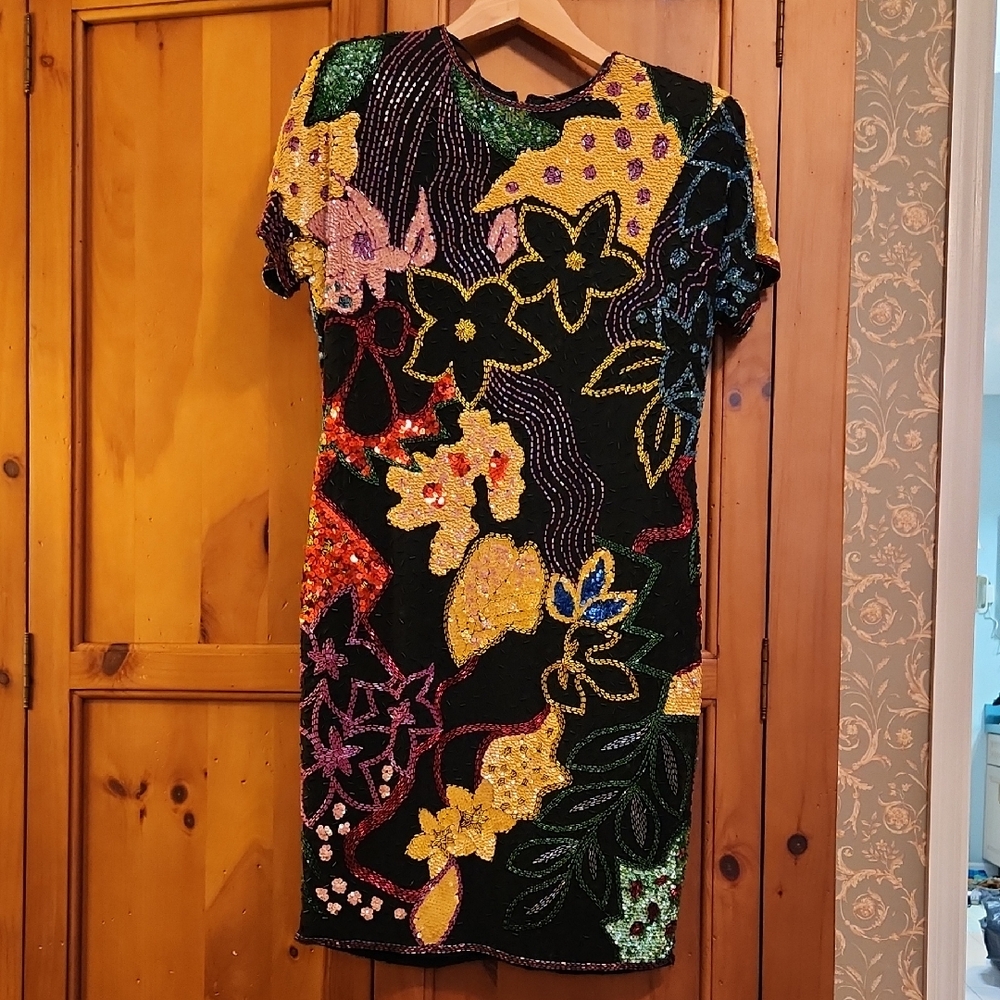 Colorful Floral  Vintage Sequin Dress
